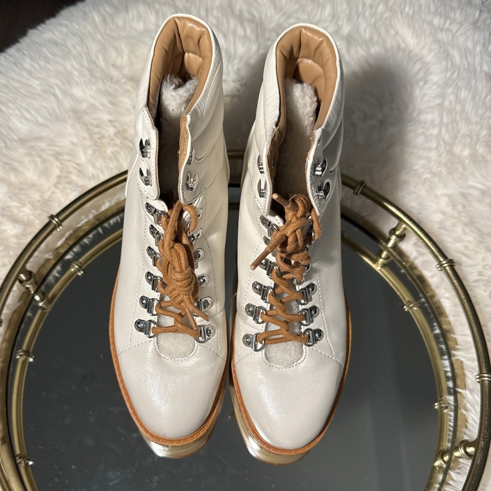 Marc Fisher Izzie White Leather Shearling Lug Sole Hiking Boots Womens 7.5M